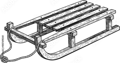 Classic wooden sled with rope handle, traditional winter snow transportation equipment