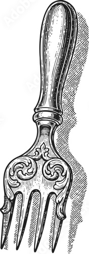 Vintage ornate fork with intricate decorative handle design, classic antique flatware piece