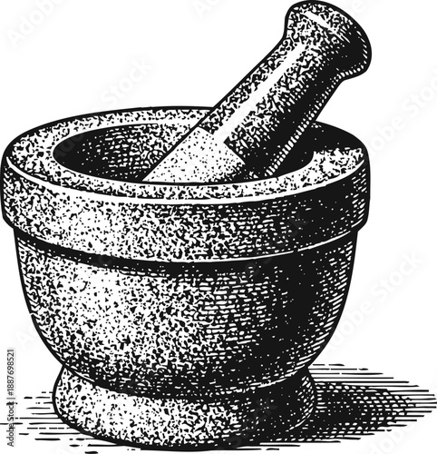 Vintage mortar and pestle engraving classic kitchen tool for grinding and crushing spices and herbs