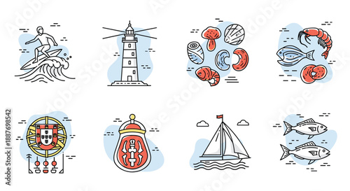 Coastal themed icon set featuring elements like a lighthouse surfer sailboat and various types of fresh seafood illustrations.