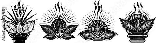 Four tribal flames with leaf motifs, black and white vector design elements