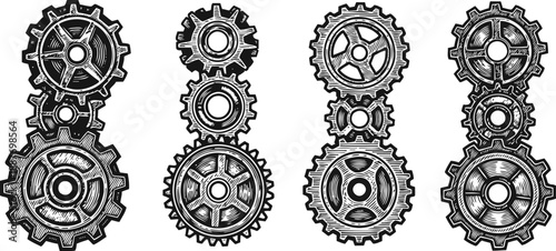 Vintage mechanical gears set hand drawn industrial cogwheels with intricate details engineering and machinery concept