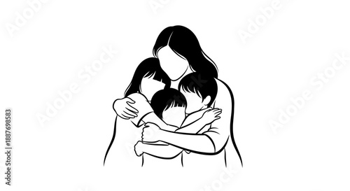 Mother embraces her two children in a loving hug illustration.