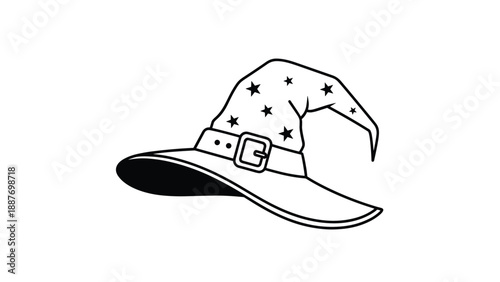 Classic wizard or witch hat with a pointed top and star patterns rendered as a clean black and white line drawing.