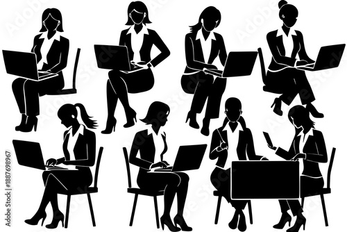 set of Female entrepreneur working on laptop silhouette vector illustration, isolated on white background