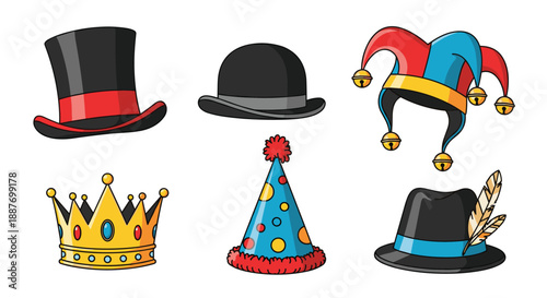 Assortment of different hat styles including a royal crown top hat jester hat bowler hat and a colorful party hat design.