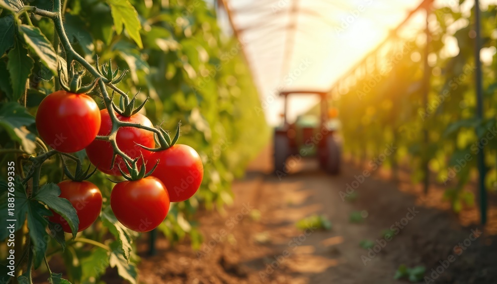 Naklejka premium Ripe red tomatoes grow on green vine in greenhouse. Tractor works in background field. Sunlight shines on farm produce, healthy food cultivation.