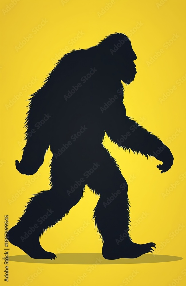 Fototapeta premium Black silhouette of a furry Bigfoot walking on a bright yellow background. This cryptid creature is depicted in profile, suggesting a mysterious presence. A simple graphic with bold shapes.