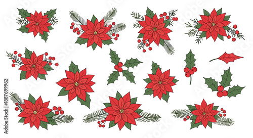 Assorted poinsettia floral arrangements with red berries and evergreen pine branches for Christmas holiday seasonal decor.
