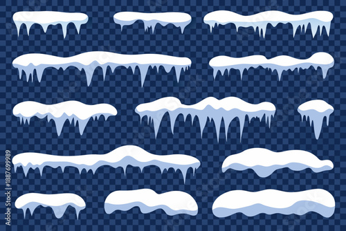 Collection of stylized icicles and snow drifts on transparent background