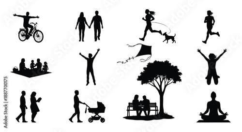 Collection of silhouettes depicting people engaging in recreational activities