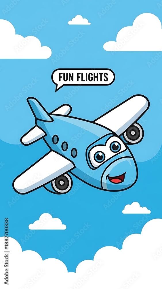 Naklejka premium Cartoon airplane flying in blue sky.