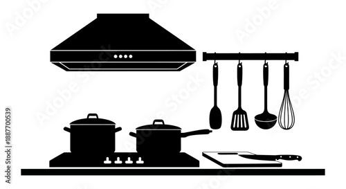 Kitchen cooking appliances and utensils silhouette.