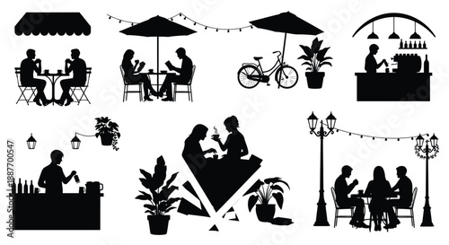 People enjoying drinks at outdoor cafe under umbrella and street lamp