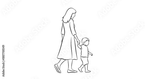 Mother and Child Walking Hand in Hand Simple Line Drawing.