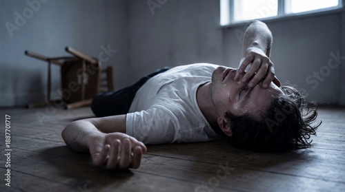 Man lying on floor after fight, looking distressed in empty room  