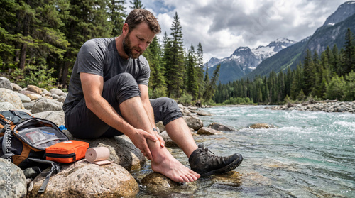 Man checking sprained ankle while sitting on rocks by river  