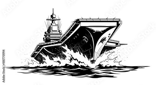 Illustration of a massive aircraft carrier sailing through choppy waters, showcasing its powerful design and naval strength