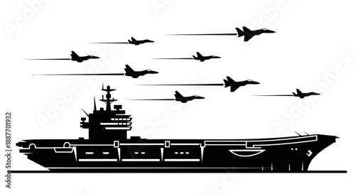 Naval prowess displayed with a formidable aircraft carrier and a squadron of fighter jets soaring, symbolizing strength, security, and strategic air superiority in defense