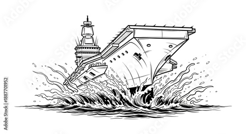 Powerful naval aircraft carrier battleship illustration, moving dynamically through turbulent ocean waves, symbolizing maritime strength and military might