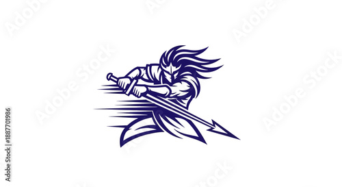 Dynamic illustration of a fierce warrior brandishing a powerful spear, depicted with a strong, flowing mane, conveying speed and determination in a striking emblem style