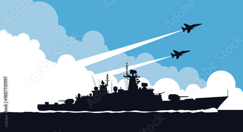 Dynamic illustration of a mighty warship on the sea with fighter jets above, symbolizing national defense, military power, and advanced technology for security
