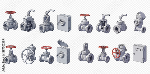 Industrial valves and meters set for plumbing and pipeline systems, isolated on white background.