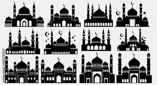 Mosque Silhouette Vector Set. Collection of 12 Islamic Architecture Icons with Domes and Minarets. Holy Place Graphics for Ramadan, Eid Mubarak, and religion.