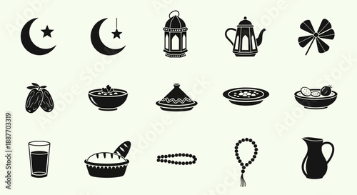 Ramadan and Iftar Icons Set. Islamic Culture Symbols: Dates, Lantern, Crescent Moon, Prayer Beads, Traditional Food and Drink Vector Silhouettes.