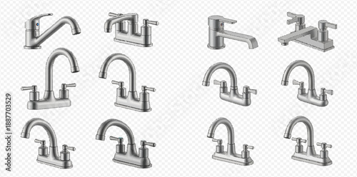 Set of realistic chrome faucets for kitchen and bathroom sinks, with various modern and classic designs isolated on transparent background.