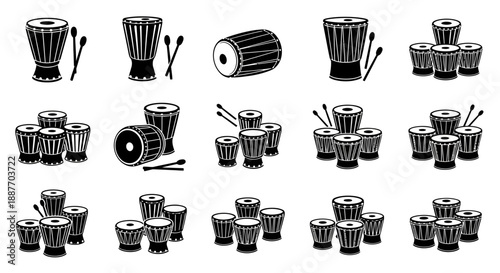 African Djembe and World Percussion Icons Set. Collection of Traditional Ethnic Hand Drum Silhouettes, including Conga and Bongo styles, isolated black symbols for music design.