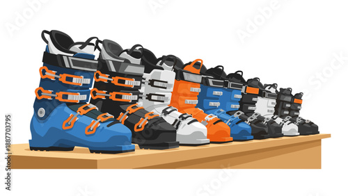 Colorful ski boots lined up on wooden shelf in modern style