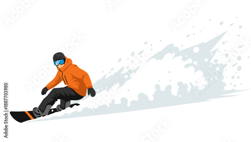 Snowboarder in action on snowy slope with orange jacket and goggles
