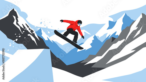 Snowboarder performing jump in vibrant mountain landscape