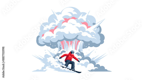 Snowboarder riding through explosive clouds in dynamic action scene