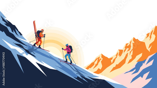 Mountain adventure with skiers in vibrant landscape