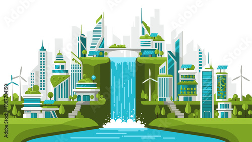 Sustainable futuristic city landscape with green energy elements and waterfall