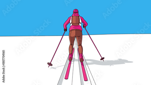 Colorful winter adventure: woman skiing on a clear blue day