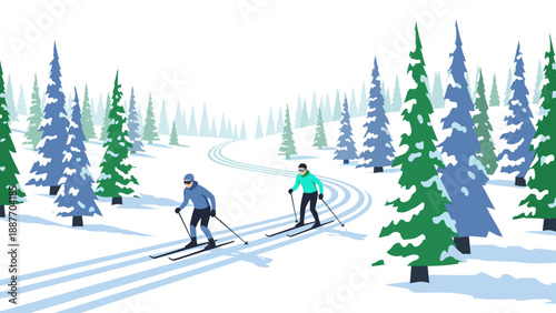 Winter cross country skiing in snowy forest landscape with evergreen trees