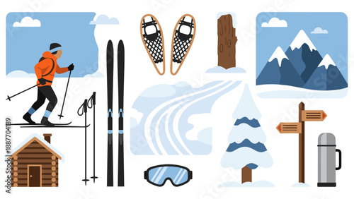 Winter sports adventure essentials featuring skiing, snowshoes, cabin, and scenic snowy mountains in minimalist flat design