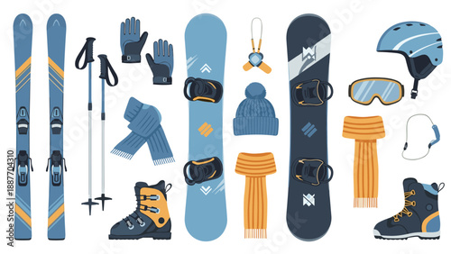 Winter sports gear collection: skiing and snowboarding equipment set in flat design