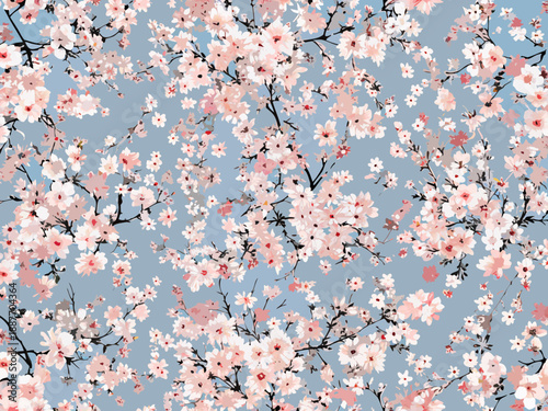 Delicate cherry blossoms bloom against a soft pastel blue sky