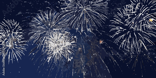 Spectacular night sky filled with bright exploding fireworks and shimmering light