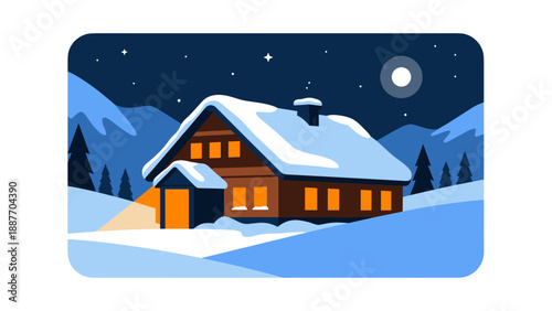 Cozy winter night cabin with snowy mountains under moonlight