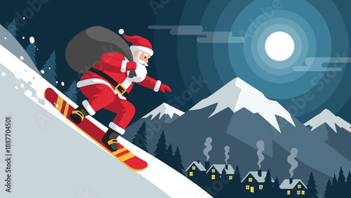 Santa snowboarding downhill at night in a festive winter landscape with moonlit mountains
