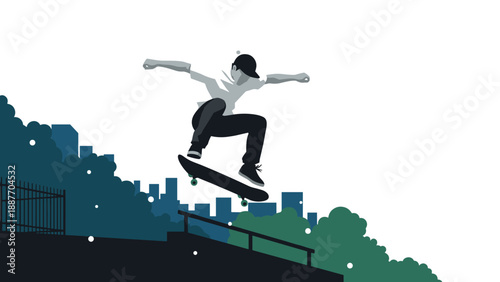 Skateboarder mid-air trick in urban park silhouette