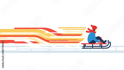 Young person sledding swiftly on snow with colorful streaks in minimalist design