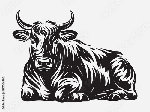 Detailed engraving of a majestic yak resting peacefully in a field