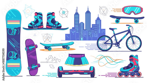 Urban sport tech gear: skating, biking, snowboarding trends in a vibrant cityscape