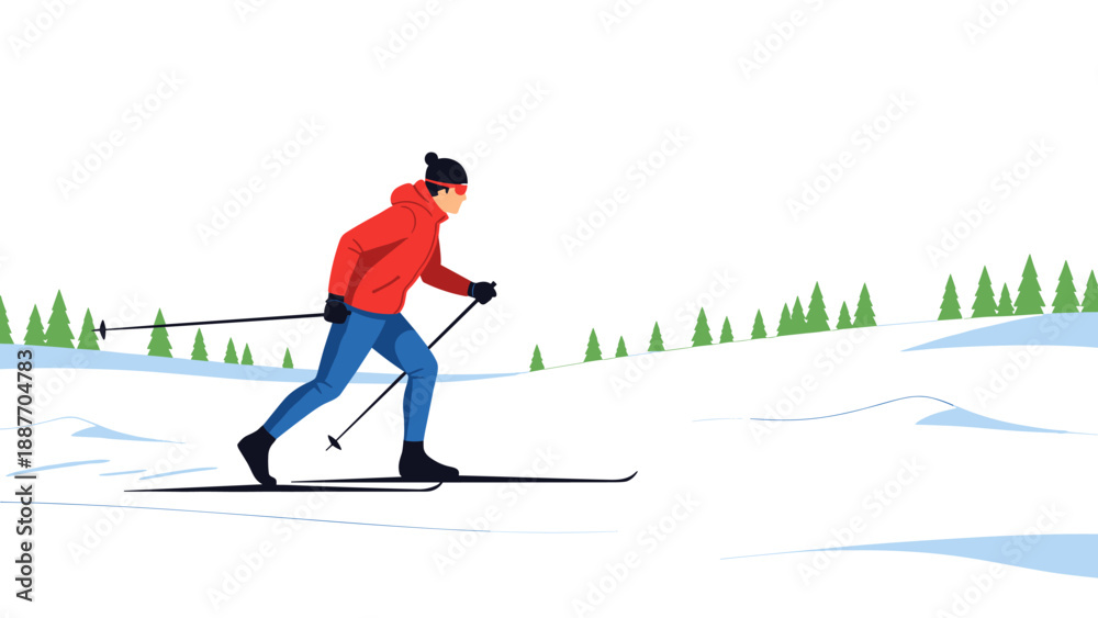 Fototapeta premium Cross country skier in red jacket gliding through snowy landscape with evergreen trees